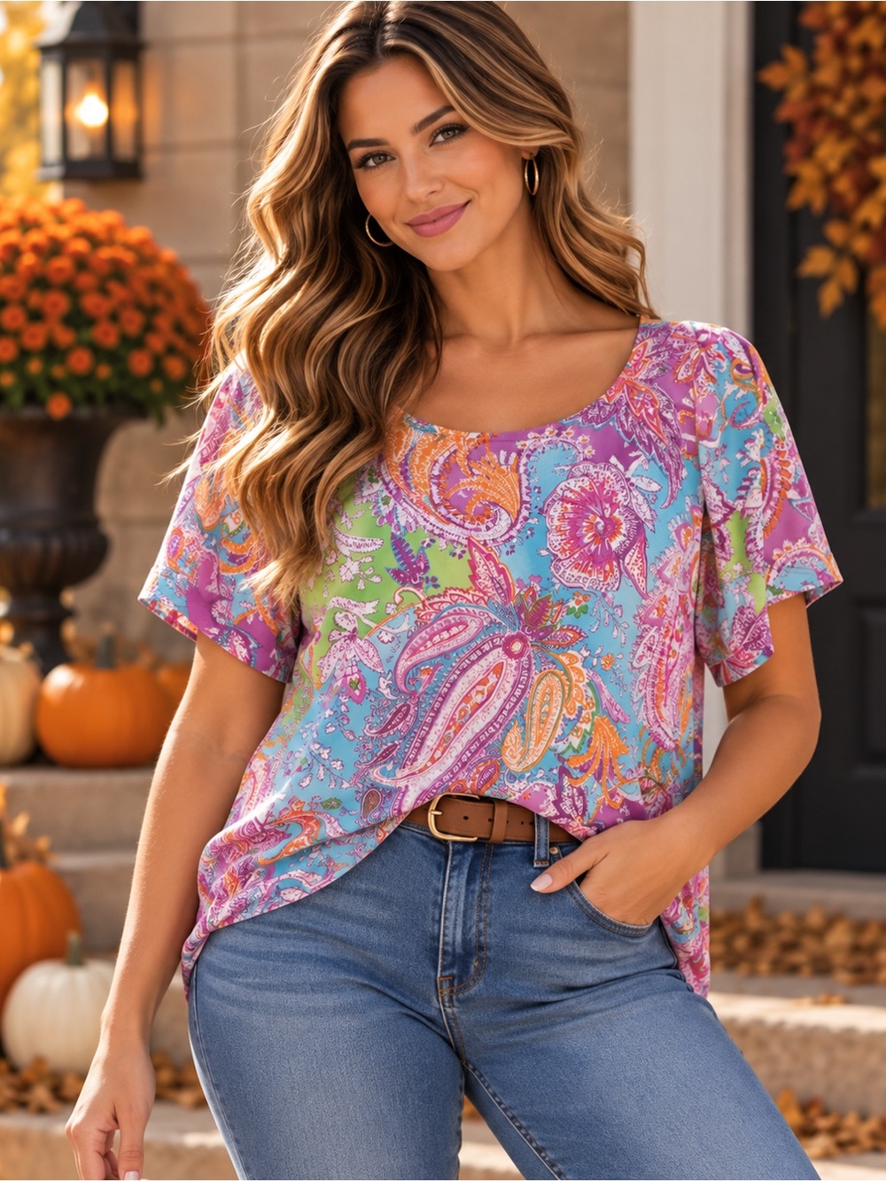 Lauren Ralph Lauren Colourful Paisley Print Short Sleeve Top